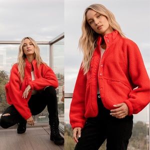 Free People Hit The Slopes Fleece Jacket Puckered Up Red Bomber Teddy Coat Sz XS